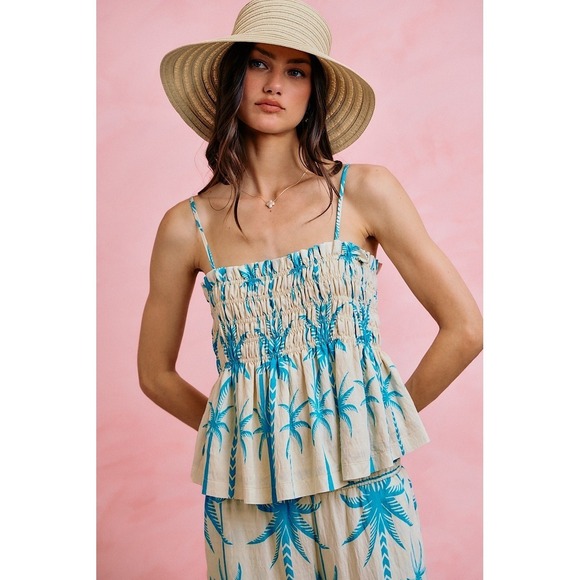 So Me Tops - SO ME Palm Tree Smocked Bodice Adjustable Cami Top - Blue - Medium